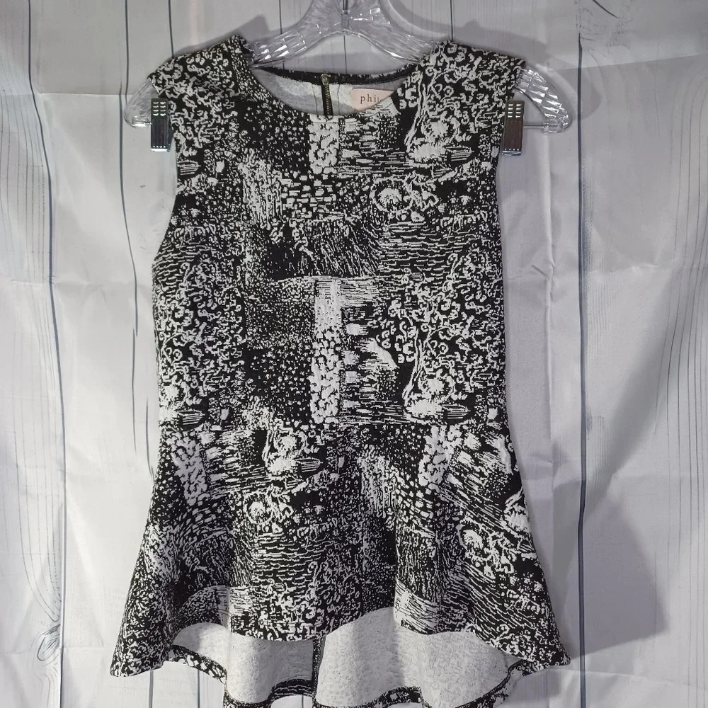 Philosophy black and white multi pattern peplum workwear sleeveless top